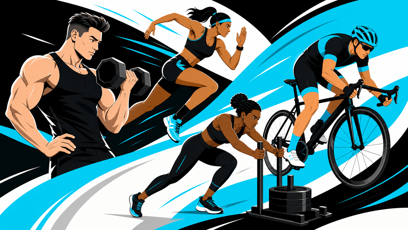 Illustrated STYFCSD athletes training across strength, running, sprinting and cycling disciplines